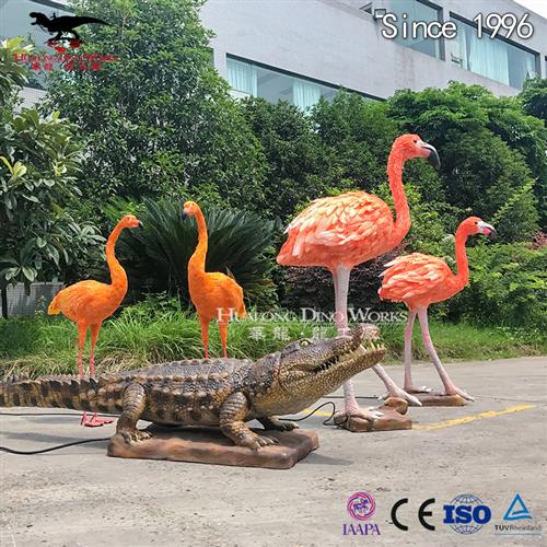 仿真动物火烈鸟与鳄鱼纯手工贴毛上色源头厂家来图制作出厂价