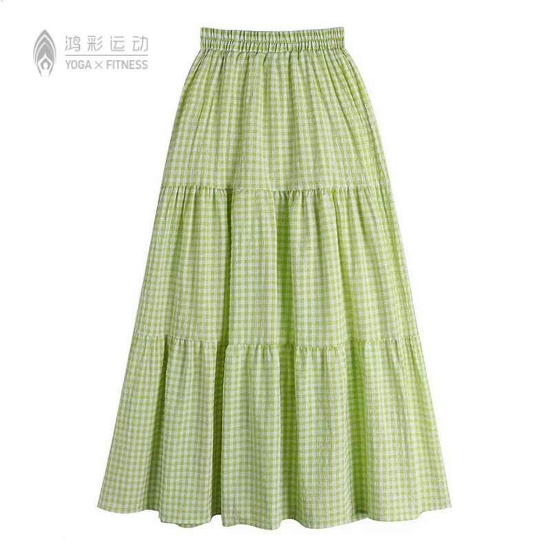 清新减龄绿色格子长裙女夏季棉麻