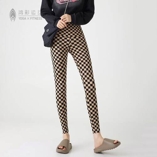 H2902高腰微喇棋盘格瑜伽裤女
