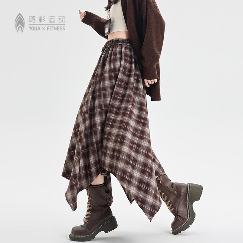 韩版不规则格纹半身裙女2025秋季复古格子松紧腰显瘦中长款a字裙