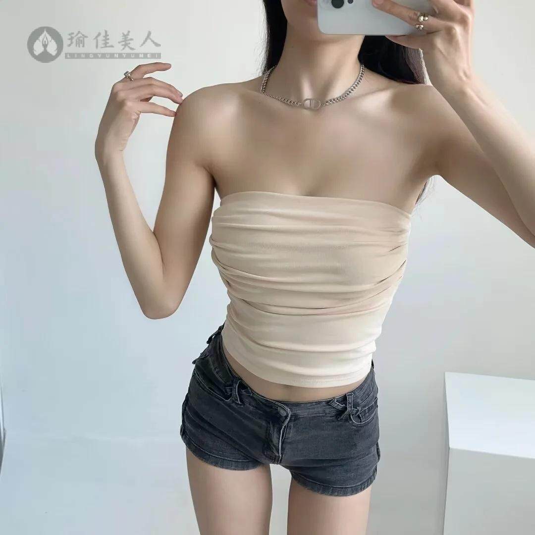 辣妹性感褶皱修身一字领裹胸背心