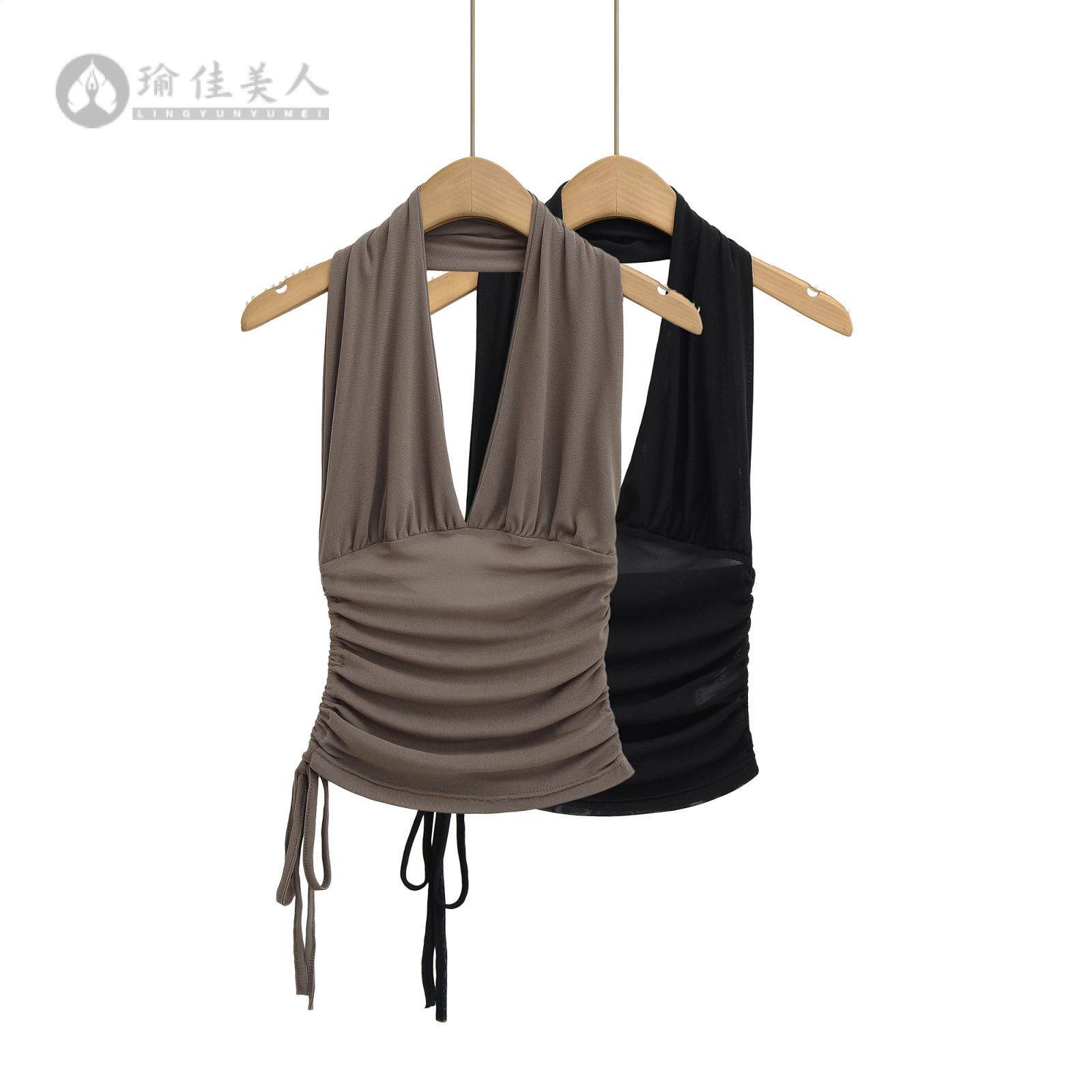 辣妹风V领挂脖露背吊带上衣女