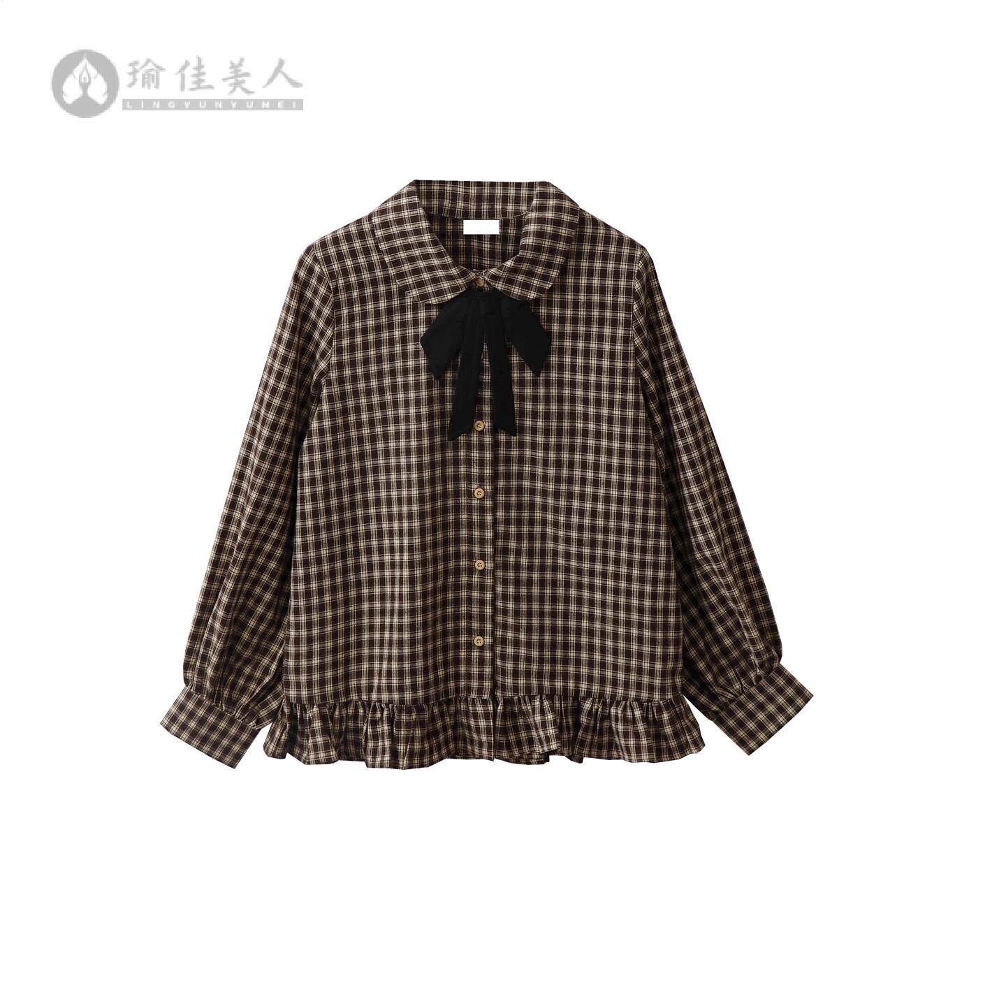日系森系复古格子结衬衫女春秋