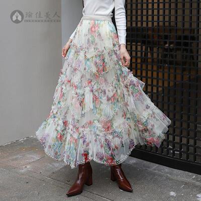 重工钉珠碎花蛋糕裙女高腰A字