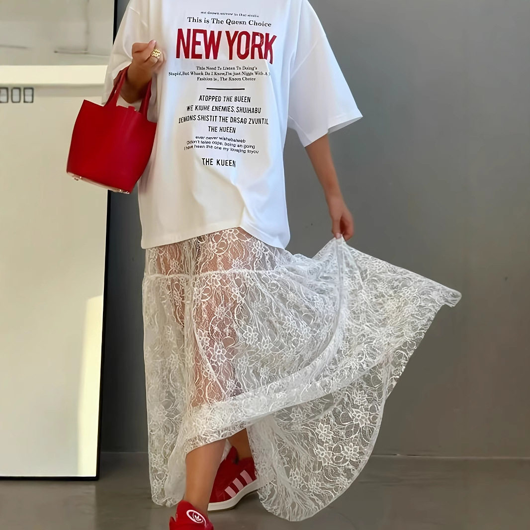 宽松锦蕾丝提花高腰半身裙S5XL