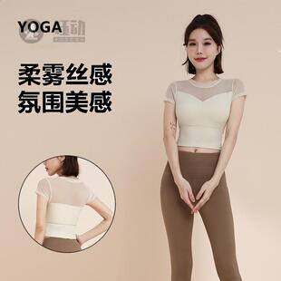 性感网纱瑜伽服圆领带胸垫跑步速干运动文胸一体杯健身服套装