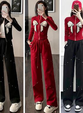 2秋冬新款时尚套装女装红色开衫搭配红色休闲裤加绒两件套显瘦棉