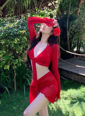 泳衣女感红色四件套辣妹遮肉显瘦性感夏季泳衣温泉沙滩风泳装