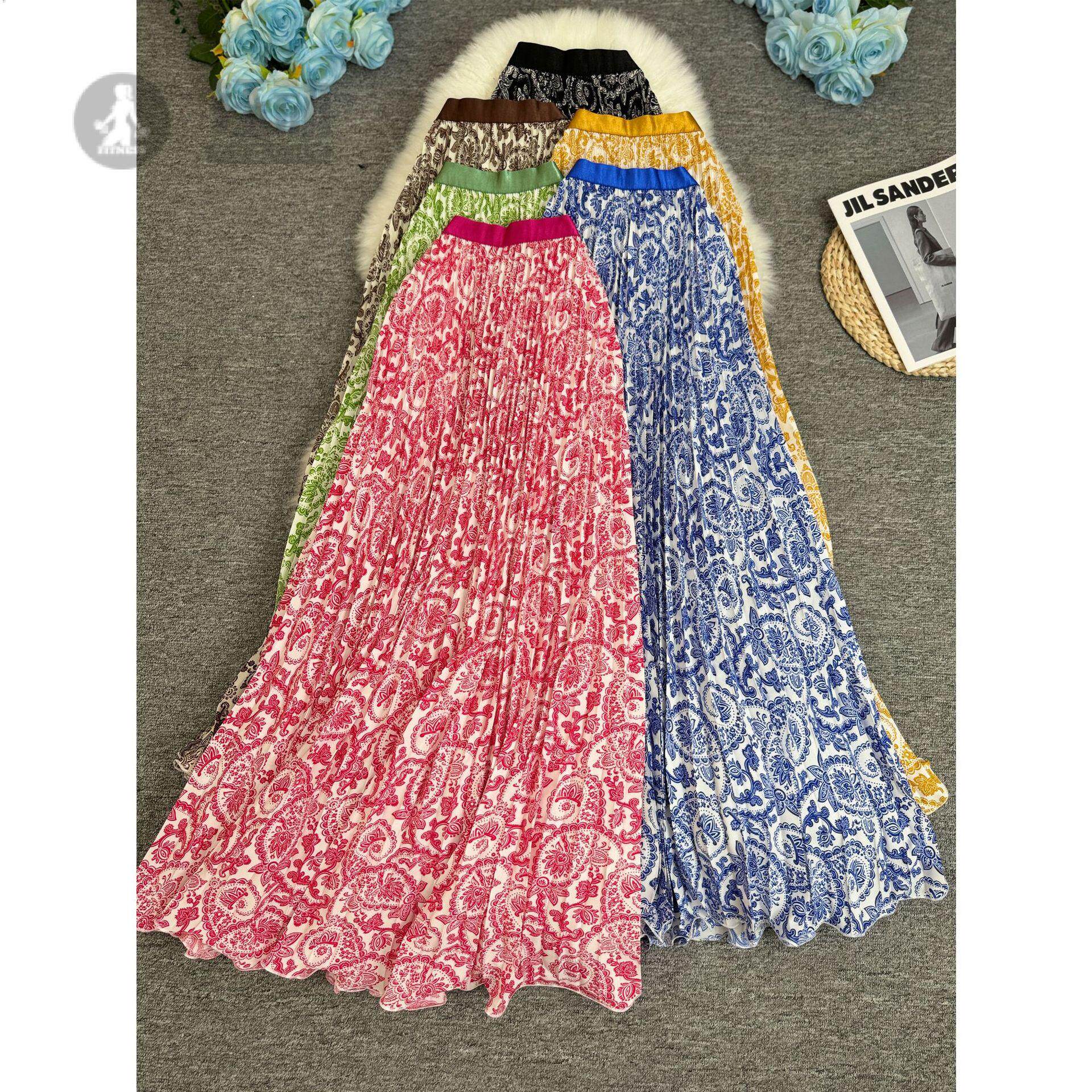 95m欧美夏季百褶印花半身裙经典A字百搭高腰显瘦长款裙子女