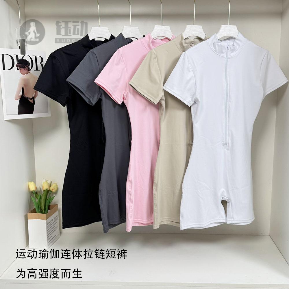 瑜伽连体服女欧美风拉链短袖健身