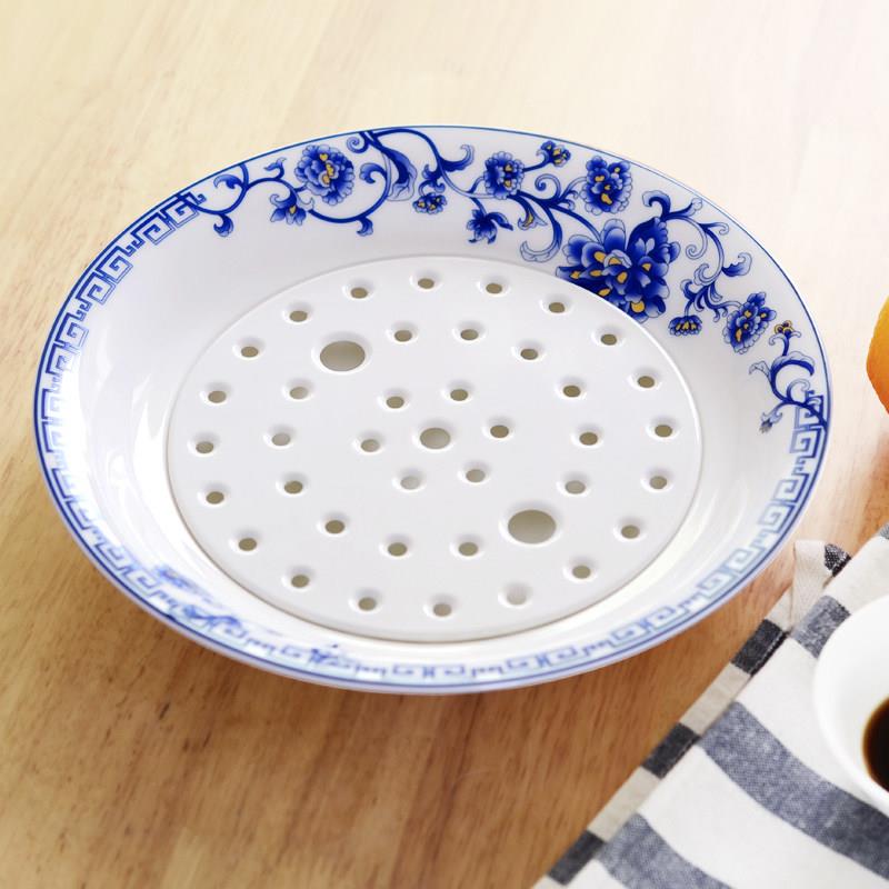 骨瓷家用托盘圆盘大号蒸盘沥水双层陶瓷水饺盘餐盘水果盘子水饺盘