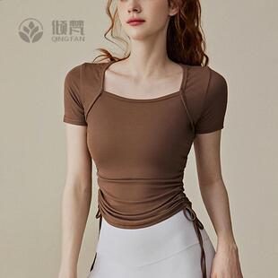 瑜伽服女夏季两侧抽绳运动短袖罩衫普拉提训练紧身跑步健身上衣