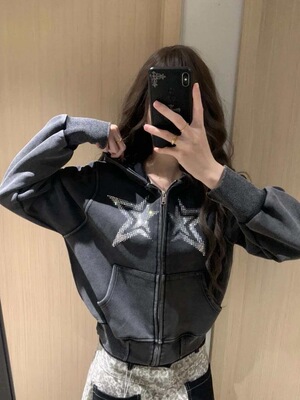 JinYi 美式水洗做旧星星烫钻连帽开衫卫衣春秋休闲时尚百搭外套潮