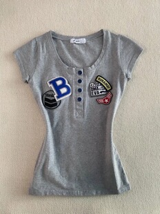 夏季新款灰色贴布刺绣正肩短袖T恤女古着修身收腰显瘦百搭上衣潮