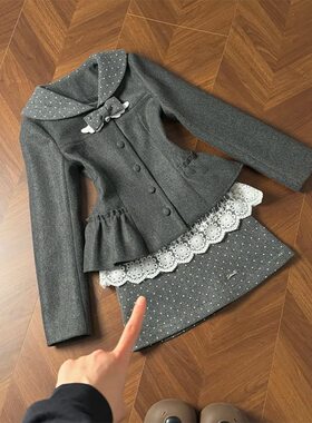 【 波点恋屿】格雷系娃娃领设计感日系毛呢西装外套屁帘半裙套装