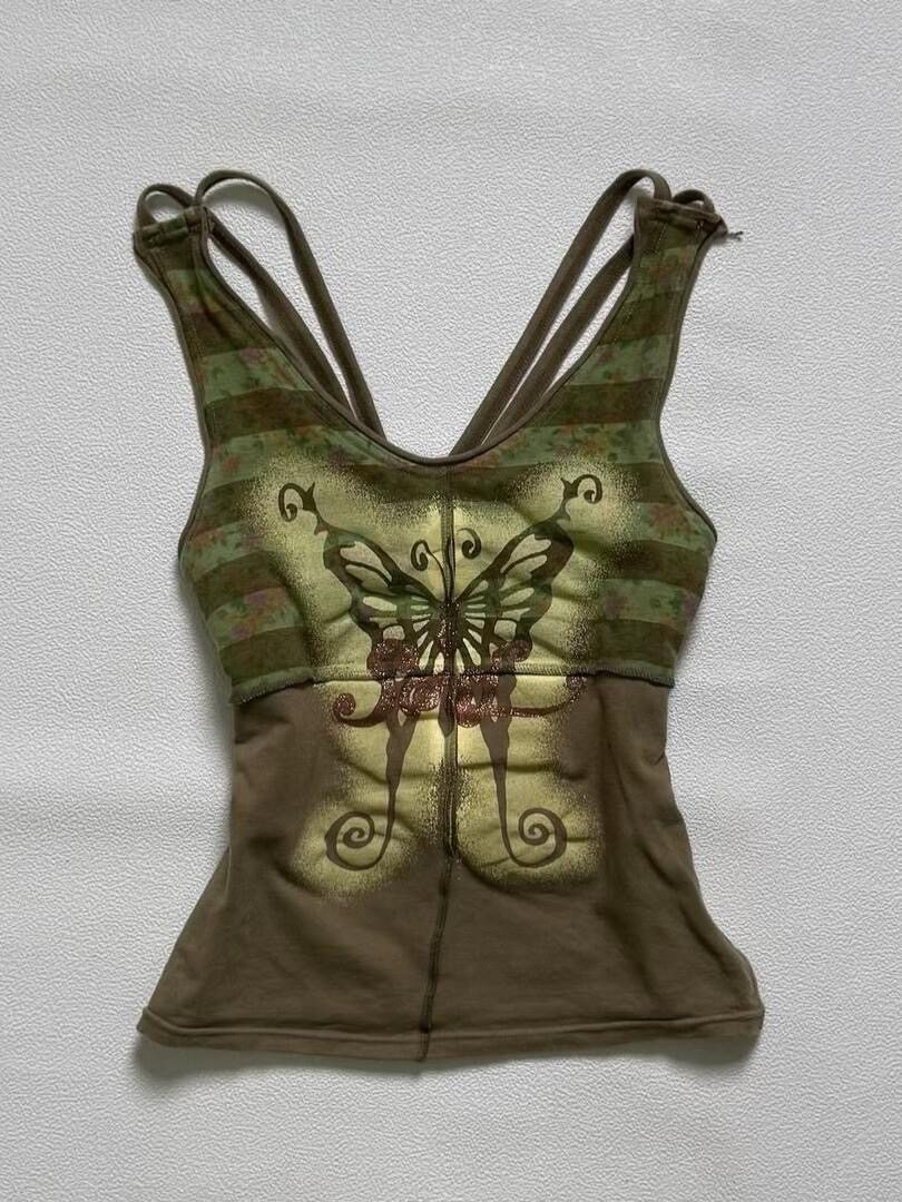 复古迷彩蝴蝶吊带背心渐变绿棕撞色蝴蝶印花交叉细带V领修身上衣,模玩/动漫/周边/娃圈三坑/桌游,Cosplay女装/cos女装,淘宝优惠券,粉丝福利购,淘宝优惠卷