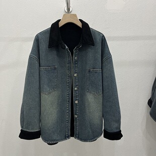 拼接复古牛仔衬衫女秋冬新款薄绒中长款衬衣宽松牛仔外套春秋