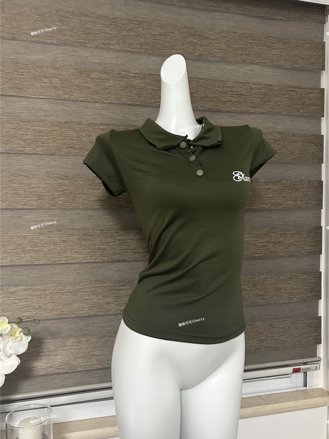 vintage复古绿色Polo翻领长袖T恤女夏季新款宽松休闲百搭上衣