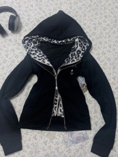 亚文化千禧古早y2k豹纹拼接假两件连帽卫衣外套秋季拉链设计上衣