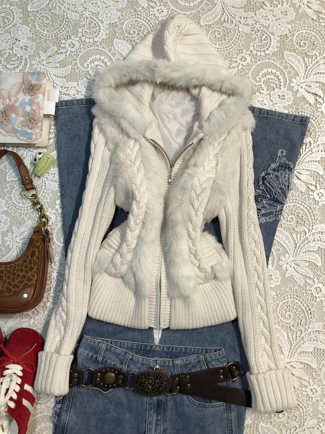 针织连帽毛边毛衣外套女秋冬洋气时尚漂亮短款小香风针织开衫上衣