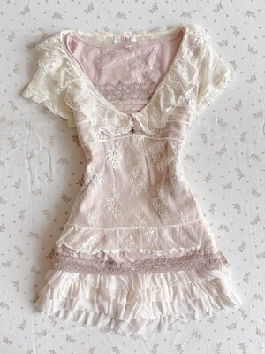 vintage古着风中古少女甜美蕾丝V领短袖上衣粉色背心内搭短裙套装