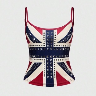 欧美跨境街头服饰米字铆钉吊带背心上衣女士Y2K露脐性感上衣