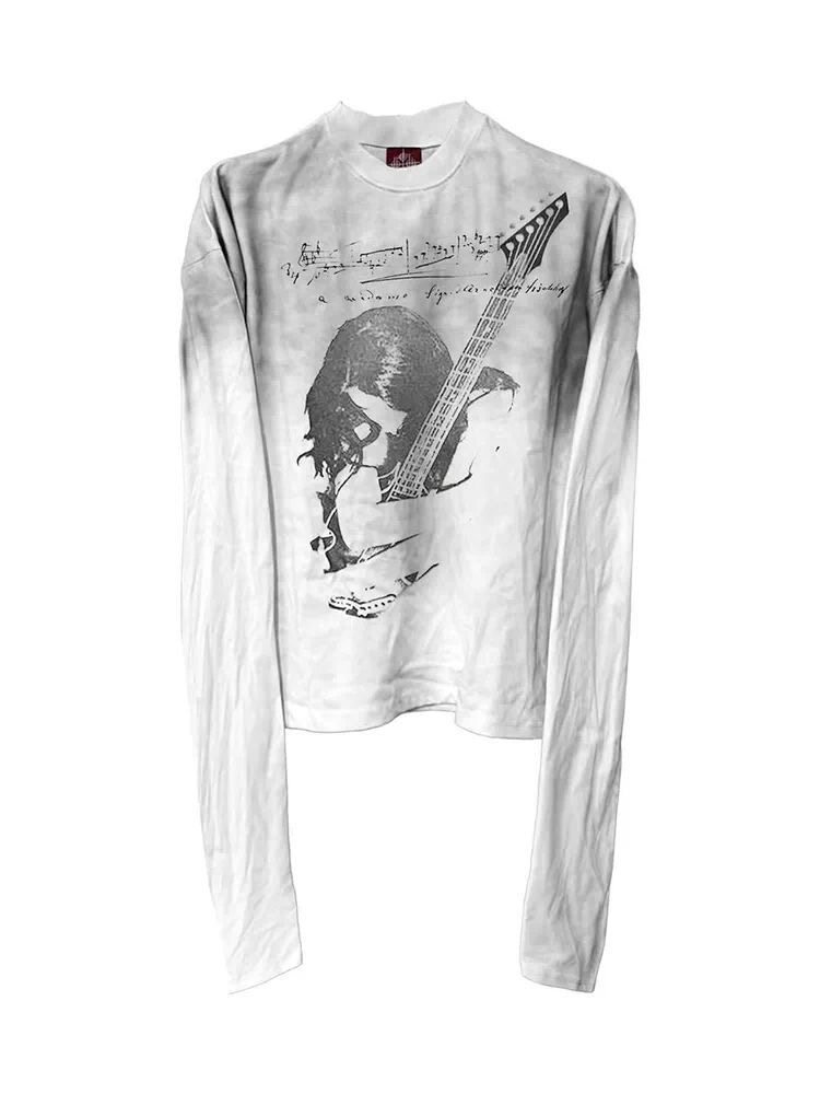欧美设计感小众轻亚水洗做旧喷脏人像吉他圆领长袖打底衫男女