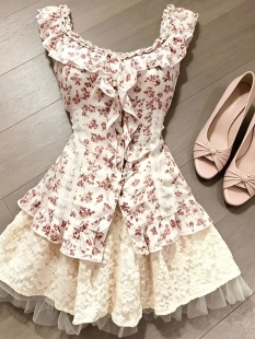古早千金风vintage小众设计感甜美夏季碎花上衣蕾丝拼接短裙套装