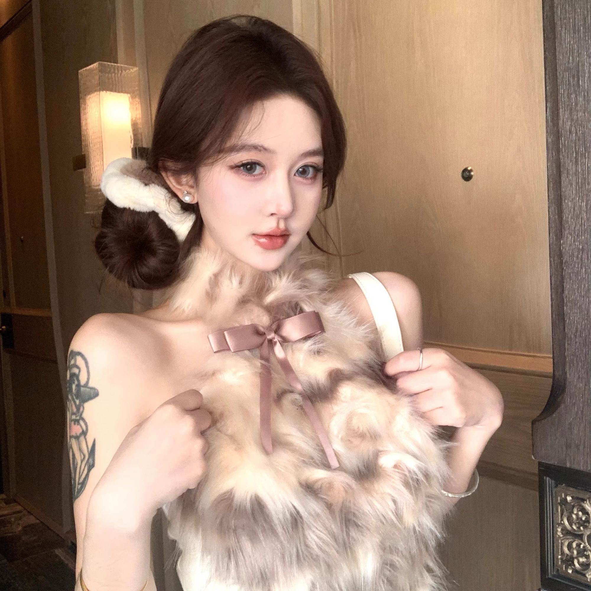 美式复古vintage古着y2k千禧辣妹蝴蝶结毛毛吊带背心纯欲设计无袖