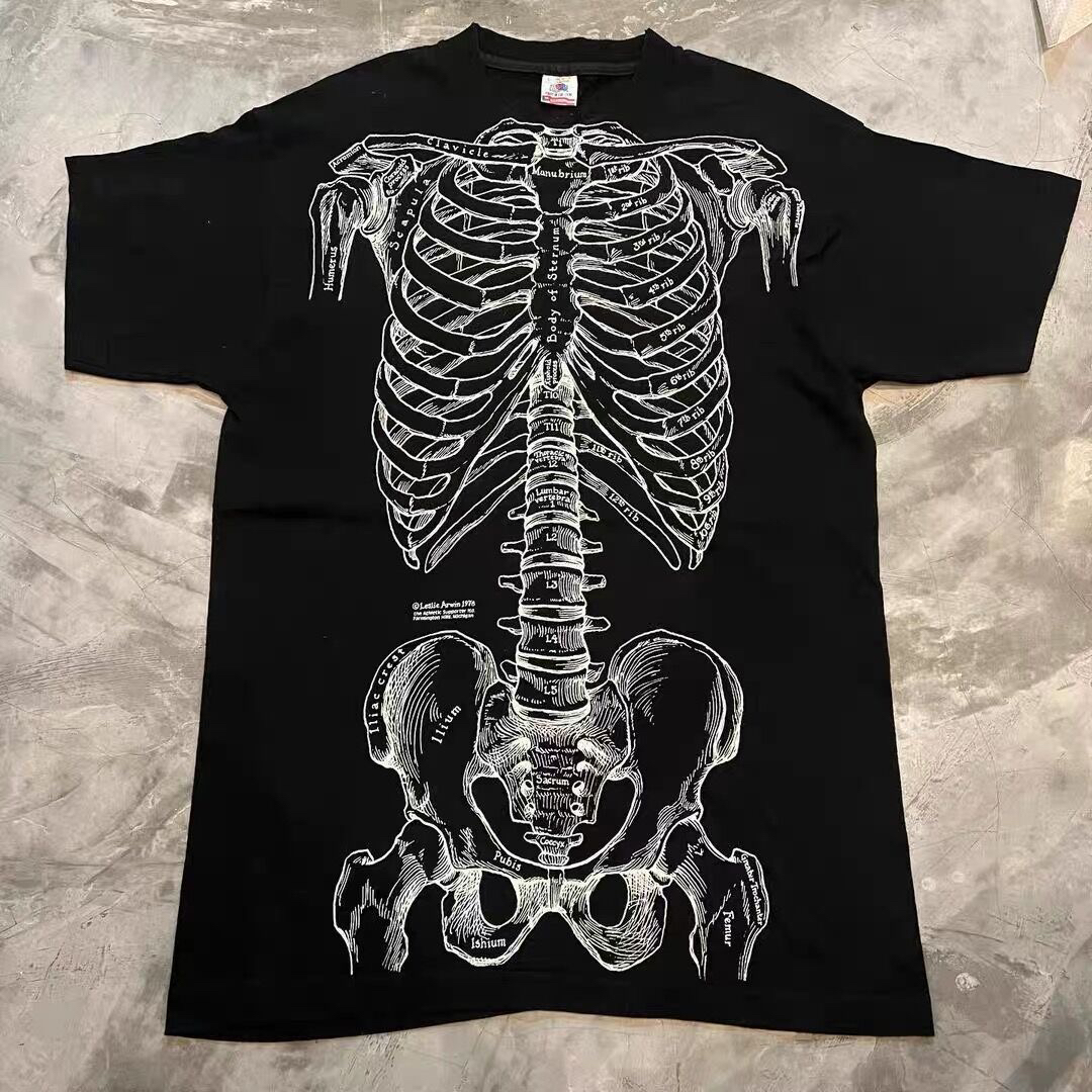 美式高街骷髅骨架chic嘻哈暗黑丧系颓废风短袖oversize男女T恤潮