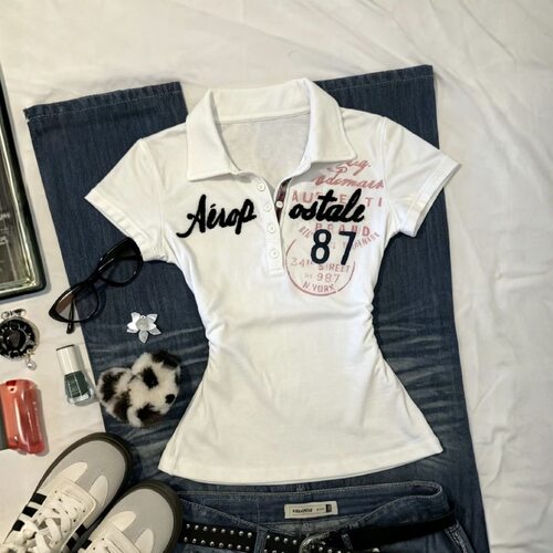 复古白色原创设计领收腰短袖T恤女夏季2026年新款美式上衣ins