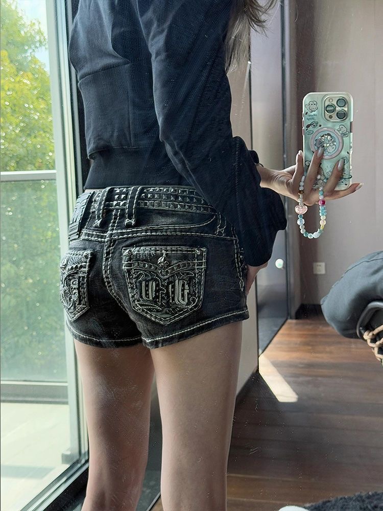 美式高街千禧辣妹低腰显瘦短裤子女夏设计感摇滚铆钉拼接牛仔短裤