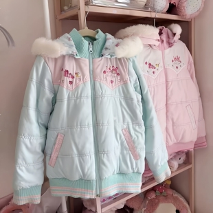 日系mp双面穿棉服可爱软妹女儿服冬日保暖棉衣外套粉蓝色棉服