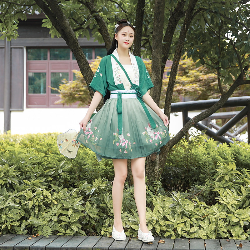 原创汉服女宋制褙子吊带汉元素短裙中国风齐腰改良版日常对襟衫