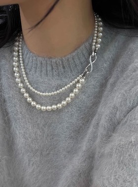 施家珍珠双层叠带可拆卸8字扣一款多戴锁骨链麻灰色玻璃珍珠项链