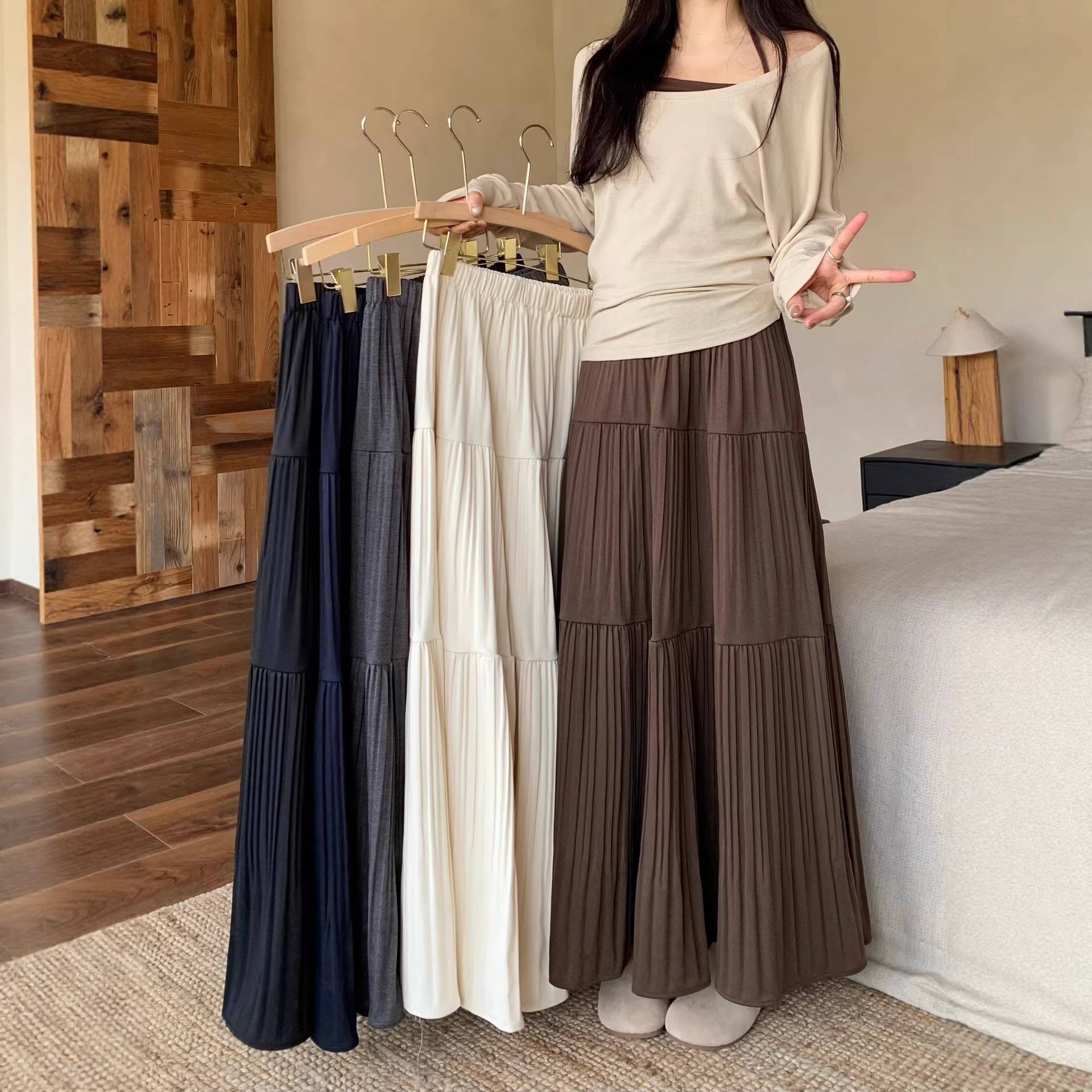 温柔风高腰百褶半身裙女秋季新款