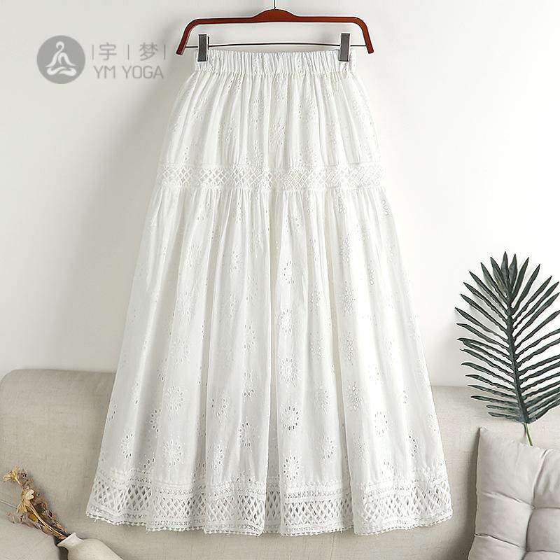 2024春款高腰小香风钩花镂空棉麻裙子中长款大摆A字半身裙女