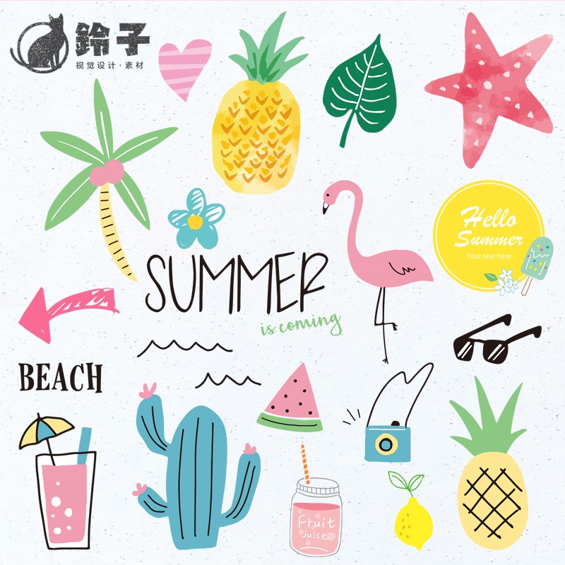 夏日小清新女生可爱流行图案菠萝火烈鸟热带手绘ai矢量素材图png