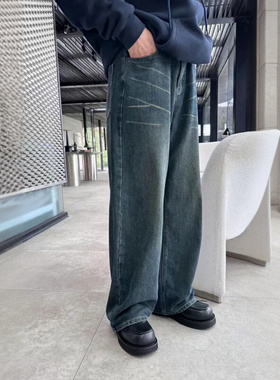 SAMS【直纹白猫须】 美式复古牛仔裤男宽松baggy阔腿cleanfit裤子