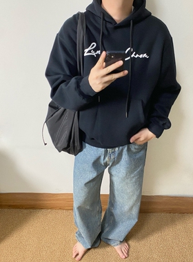 SAMS「草体字母印花」500g重磅黑色卫衣男宽松廓形圆领连帽情侣装