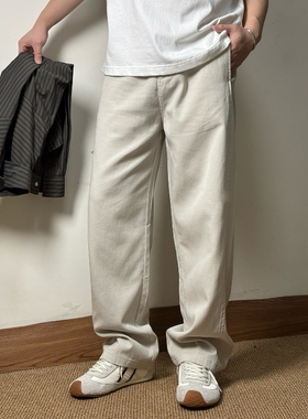 CROW【简约风轻解构】杏色宽松直筒休闲长裤男百搭舒适莱赛尔裤子