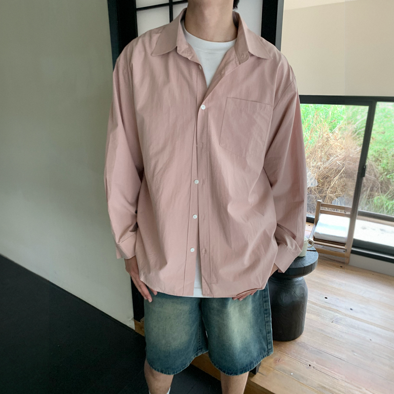 SAMS【藕粉色显白】春秋季高级感痞帅衬衫男长袖休闲宽松衬衣外套