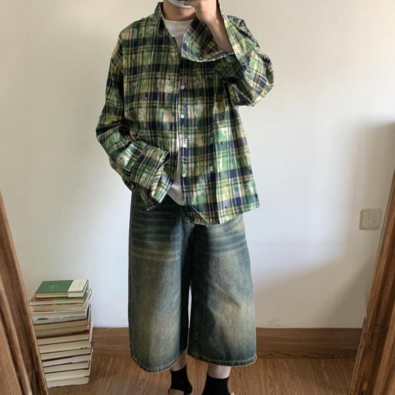 SAMS【春意晕染破洞】美式复古格子长袖衬衫男高级感痞帅衬衣外套