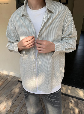 SAMS【定制色织肌理感】秋季格子衬衫男2024新款长袖宽松休闲上衣