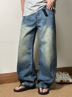 CROW【撞线色设计】美式复古水洗做旧牛仔裤男宽松阔腿裤蓝色长裤