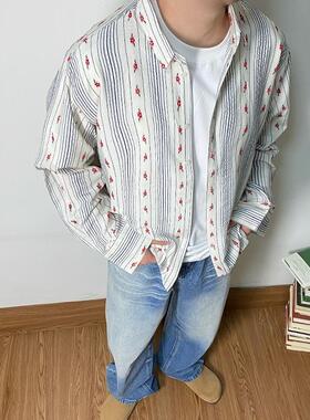SAMS【经典条纹小碎花】美式复古垂感宽松长袖衬衫男女款衬衣外套