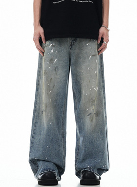 SAMS【手绘扎染泼墨】美式直筒牛仔裤男做旧cleanfit复古脏色泥染