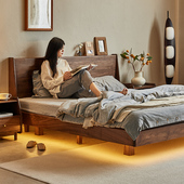 北美黑胡桃木悬浮床带气氛灯日式 主卧双人床实木小户型高背床1.8m