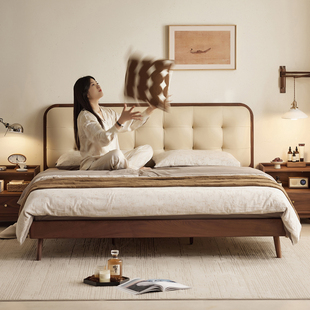 水墨兰亭云朵真皮床黑胡桃木床主卧1.8m复古风实木双人床2026新款