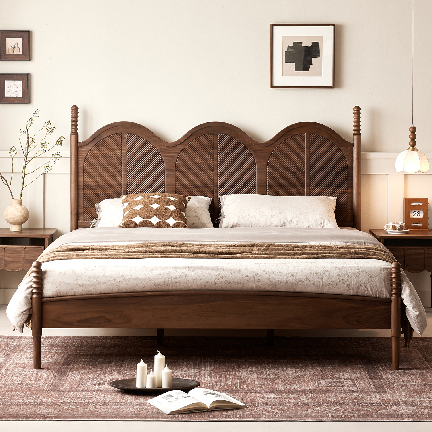 水墨兰亭法式中古风黑胡桃木床全实木家用主卧1.8m双人床2025新款